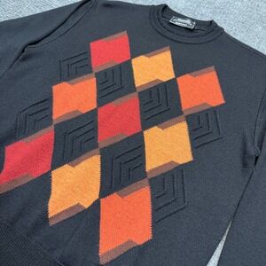 Marcello Sweater Mens Large Black Italy Virgin Wool Blend Argyle Diamond Knit